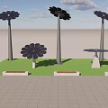 Garden Landscape Design With Solar Flower Structures Trees Shrubs Lawn And Stone Pavement