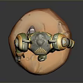 Game Character 3D Model With Green Orange Armor Mechanical Shoulders Rocky Base And Glowing Eyes