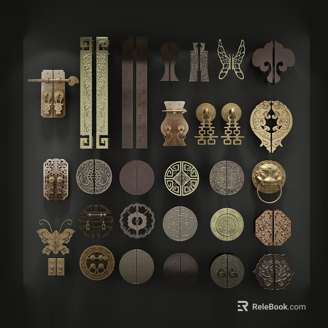 Various Decorative Metal Door Handles With Intricate Patterns And Unique Shapes 3d model 