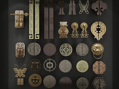 Various Decorative Metal Door Handles With Intricate Patterns And Unique Shapes 3d model