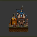 Whimsical Cartoon Scene With Small House Blue Roof Orange Walls Chimney And Green Plants