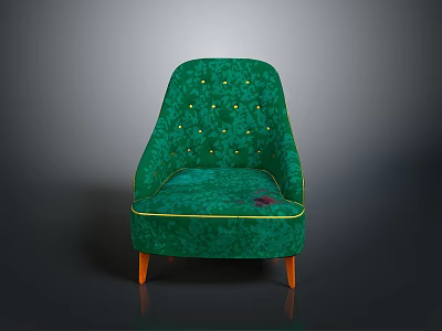 Stylish Green Velvet Armchair With Gold Button Tufted Design And Orange Wooden Legs 3d model