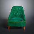 Stylish Green Velvet Armchair With Gold Button Tufted Design And Orange Wooden Legs