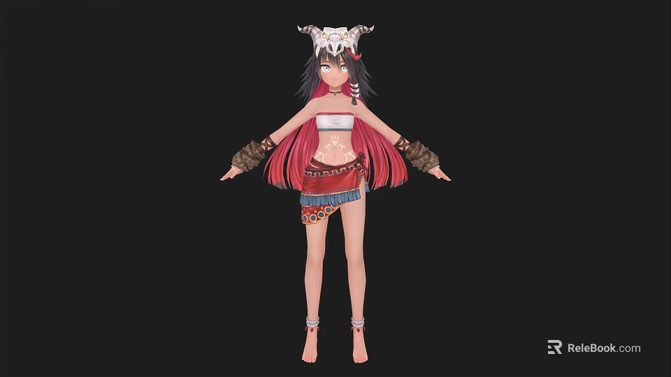 Woman In Traditional Ethnic Costume With Feather Headdress Long Red Hair Decorative Skirt And Arm Cuffs 3d model 