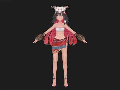 Woman In Traditional Ethnic Costume With Feather Headdress Long Red Hair Decorative Skirt And Arm Cuffs 3d model