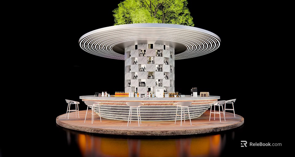 Modern Circular Bar With Tree Top Checkerboard Column Wooden Countertop And White High Stools 3d model 