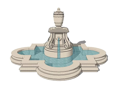 Classical Tiered Stone Fountain With Ornate Top And Surrounding Water Pool 3d model