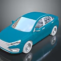 Blue Modern Sedan With Sleek Body White Wheels And Black Background Reflection
