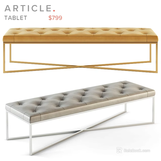 Yellow And Gray Tufted Upholstered Bench With Metal Crossed Legs For Living Room 3d model 