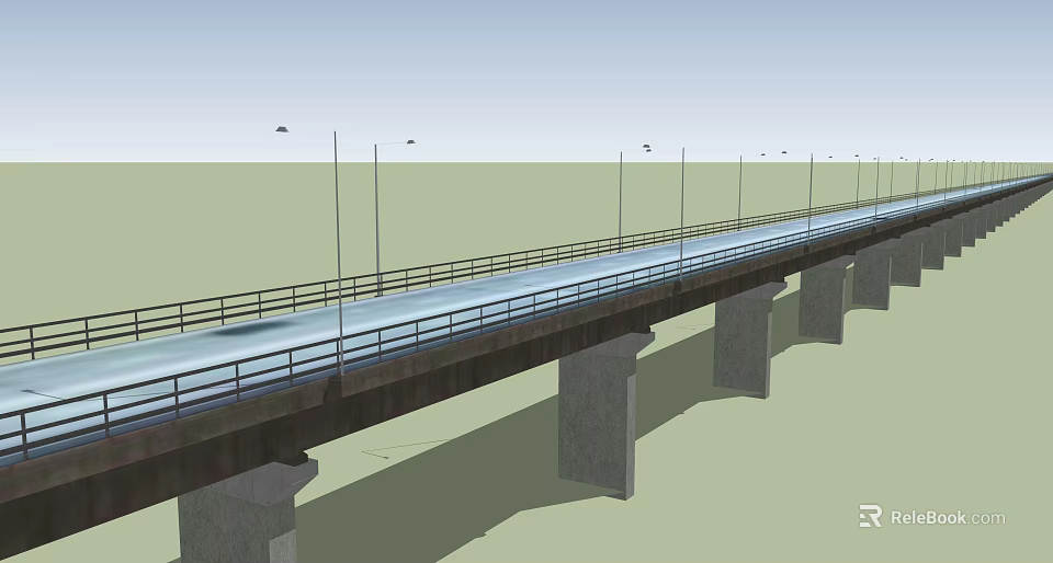 Highway Bridge With Street Lamps Guardrails And Concrete Support Piers 3d model 