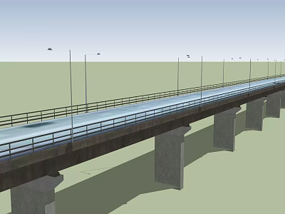 Highway Bridge With Street Lamps Guardrails And Concrete Support Piers 3d model