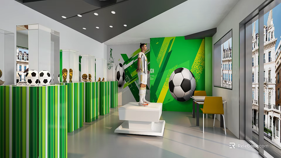 Sports Display Cabinet with Soccer Balls Trophies and Uniform Mannequin in Green Themed Room 3d model 