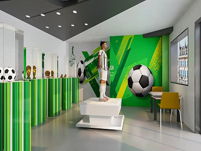 Sports Display Cabinet with Soccer Balls Trophies and Uniform Mannequin in Green Themed Room 3d model