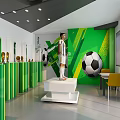 Sports Display Cabinet with Soccer Balls Trophies and Uniform Mannequin in Green Themed Room