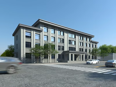 Modern Multi story Office Building With Gray Exterior Large Windows Street Trees And Cars 3d model