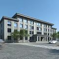 Modern Multi story Office Building With Gray Exterior Large Windows Street Trees And Cars