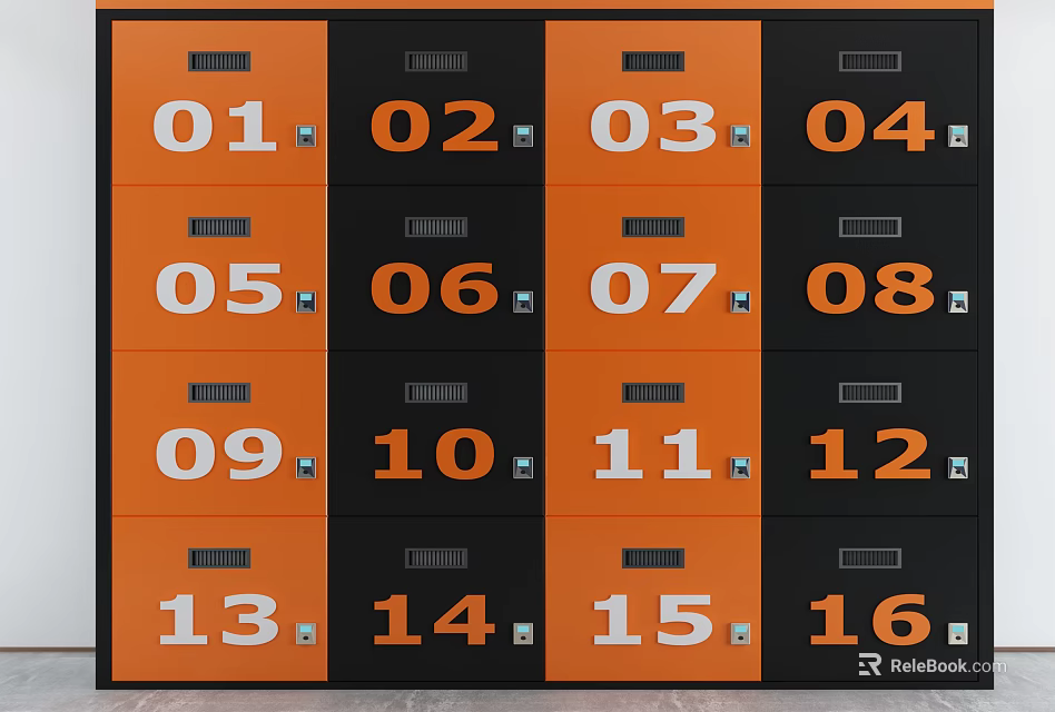 Orange And Black Numbered Lockers Arranged In Rows With Digital Codes 3d model