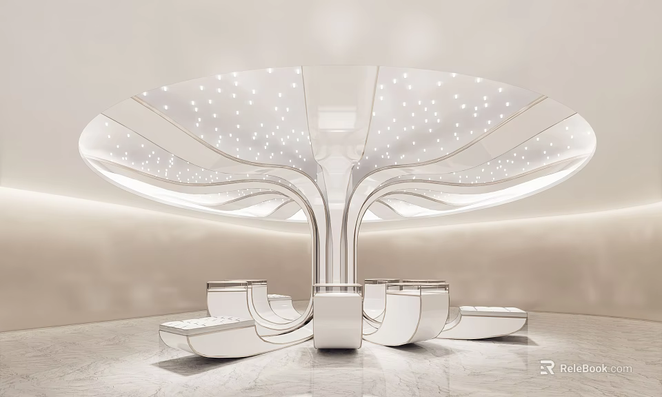 Modern Interior Featuring Central Column With Starry Ceiling And Sleek White Curved Seats 3d model 