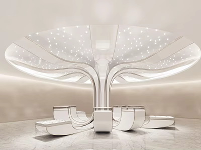 Modern Interior Featuring Central Column With Starry Ceiling And Sleek White Curved Seats 3d model
