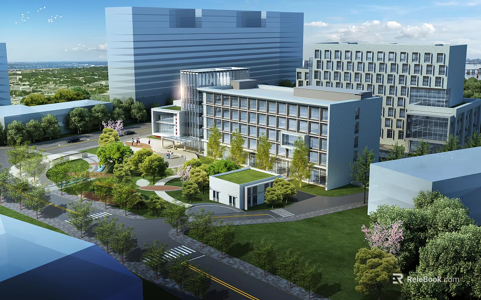 Modern Office Building Complex with Landscaped Gardens Courtyard and Glass Facades 3d model 