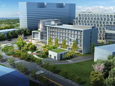 Modern Office Building Complex with Landscaped Gardens Courtyard and Glass Facades 3d model