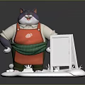 Gray 3D Cartoon Cat Wearing Red Green Apron Standing By Blank Whiteboard On Base