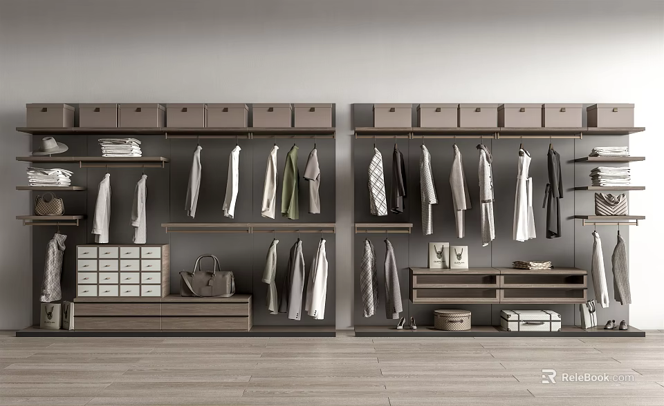 Modern Wardrobe Interior Design With Hanging Rods Drawers Storage Boxes And Shelves 3d model 