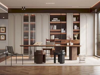 Modern Open Concept Study Room Interior With Wooden Desk And Built in Bookshelves 3d model