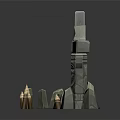 Ancient Stone Arch Structure With Totem Poles Face Carvings Shield Decoration And Candles