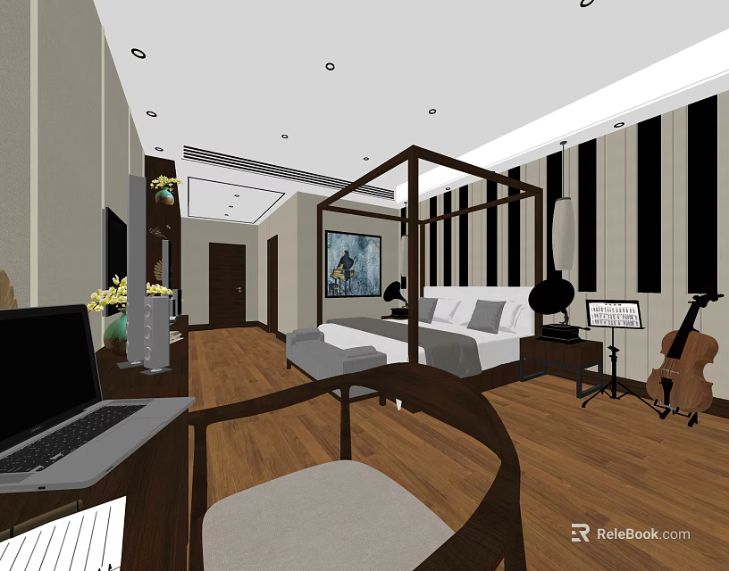 Modern Hotel Guest Room with Four Poster Bed Wooden Flooring Laptop Cello and Decor 3d model 