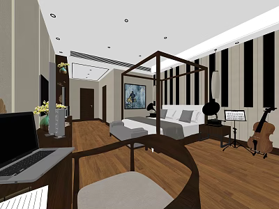 Modern Hotel Guest Room with Four Poster Bed Wooden Flooring Laptop Cello and Decor 3d model