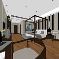 Modern Hotel Guest Room with Four Poster Bed Wooden Flooring Laptop Cello and Decor