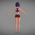 Woman In Black Sports Bra With Purple Trim And Black Shorts Standing Pose