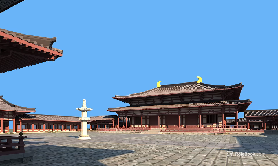 Ancient Chinese Architecture With Classic Roof Red Columns And Open Courtyard 3d model 