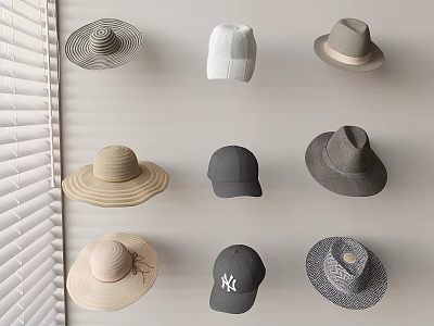 Various Style Hats Hanging on Indoor Wall With Window Blinds 3d model