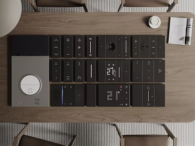 Modern Smart Switch Panels Featuring Various Modules On Wooden Table 3d model