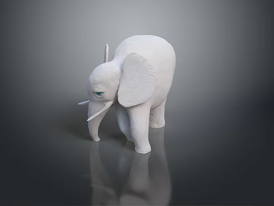 White Elephant Sculpture with Blue Eyes Standing on Black Smooth Surface and Reflection 3d model