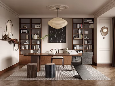 Elegant Study Room Interior Design With Dark Brown Bookshelves Wooden Desk And Pendant Light 3d model