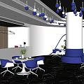 Modern Café Interior With Blue Chairs Round Tables Hanging Lights And Marble Floor