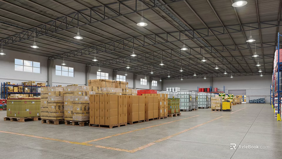 Spacious Industrial Warehouse Interior With Stacked Boxes On Pallets And Shelves 3d model 
