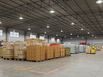 Spacious Industrial Warehouse Interior With Stacked Boxes On Pallets And Shelves 3d model