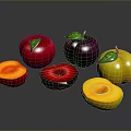 Fresh Red Yellow Purple Peaches And Plums With Green Leaves Whole And Sliced