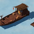 Traditional Wooden Boat Featuring Thatched Roof Shelter Cargo Boxes Hanging Lanterns On Blue Water