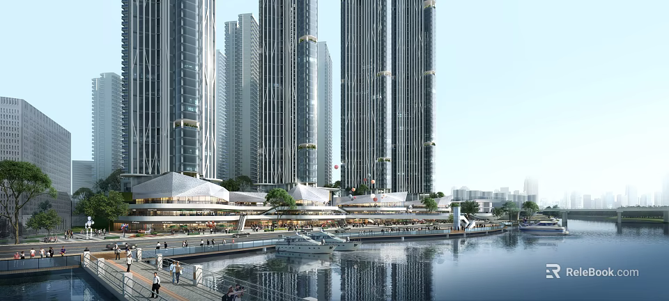 Modern High Rise Office Towers With Glass Curtain Walls By Waterfront Commercial Area 3d model 