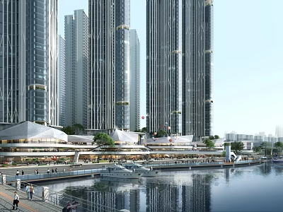 Modern High Rise Office Towers With Glass Curtain Walls By Waterfront Commercial Area 3d model