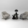 Leisure Sofa Set Two Light Gray Striped Armchairs Black Round Side Table Lamp Gray Blanket 3d model