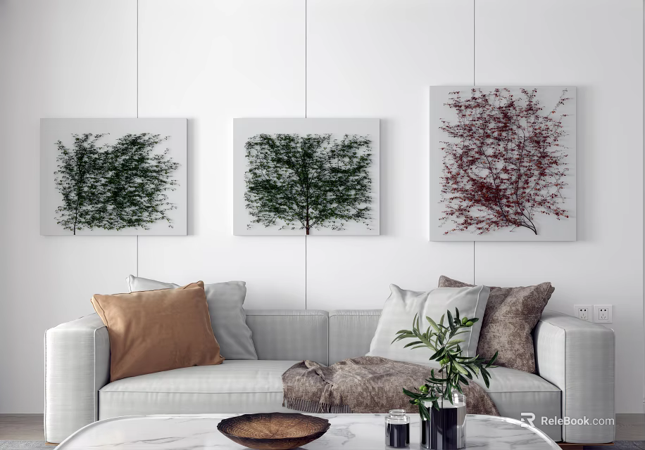 Botanical Plant Paintings On Living Room Wall With Green Tree Red Blossom Sofa Cushions Coffee Table 3d model 