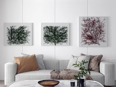 Botanical Plant Paintings On Living Room Wall With Green Tree Red Blossom Sofa Cushions Coffee Table 3d model