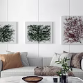 Botanical Plant Paintings On Living Room Wall With Green Tree Red Blossom Sofa Cushions Coffee Table