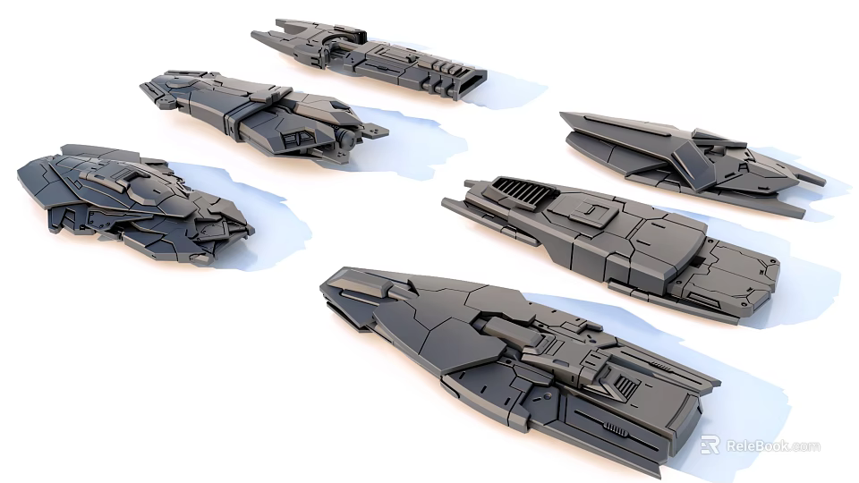 Futuristic Sci Fi Spaceship Models With Black Detailed Structures On White Background 3d model